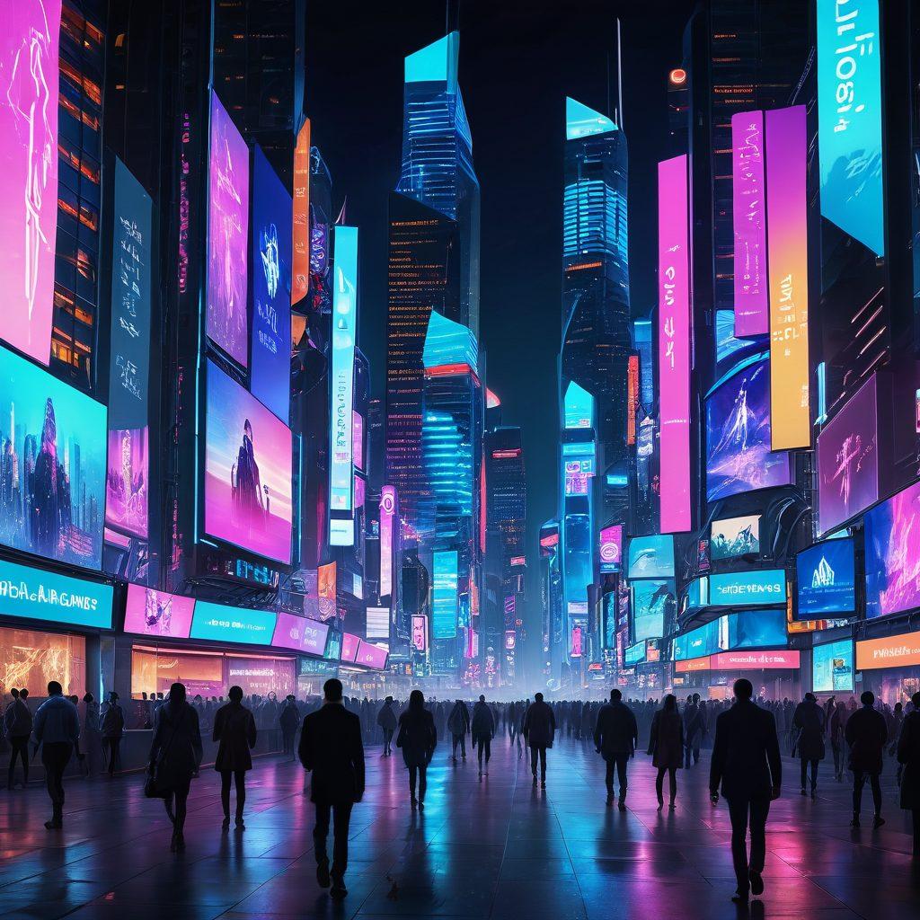 A futuristic city skyline with digital screens displaying insurance services, showing a diverse group of people engaging with holographic devices. Incorporate elements of technology and security, such as digital shields and animations of data flow. The atmosphere should feel optimistic about digital advancements in insurance. vibrant colors. cyberpunk. super-realistic.