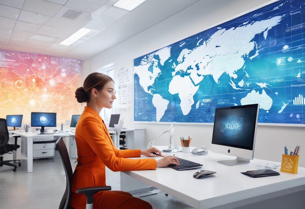 A modern office environment showcasing a person interacting with a sleek digital interface displaying insurance quote comparisons. Surround them with symbols of digital innovation like cloud computing icons and a holographic world map, emphasizing technology's role in simplifying the insurance process. Include warm colors and a dynamic flow of information to illustrate movement and efficiency. super-realistic. vibrant colors. white background.