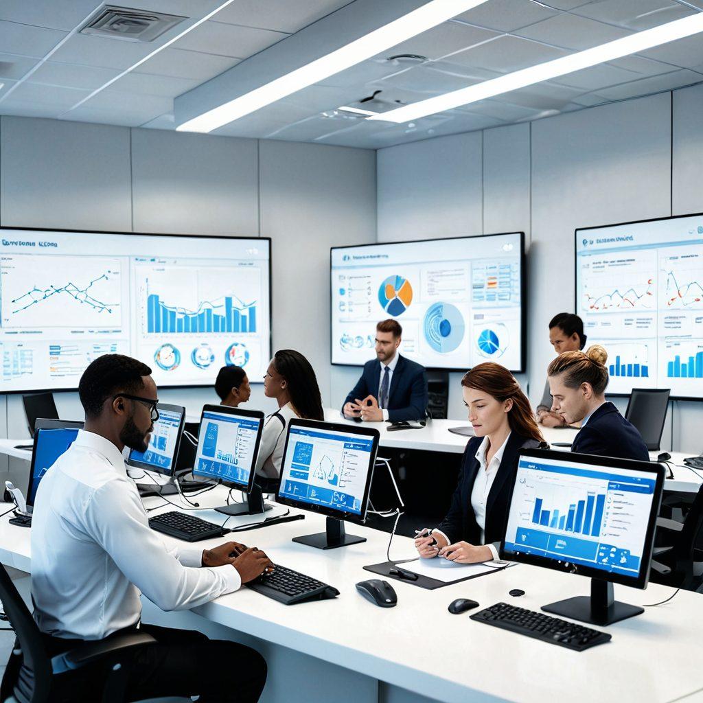 A modern insurance office scene where technology meets customer service, featuring a diverse group of professionals using advanced gadgets like tablets and AI interfaces. Incorporate digital data overlays and charts representing policy analysis and claims processing. The environment should feel warm and inviting, showcasing collaboration and innovation. Use vibrant colors to emphasize a futuristic yet approachable atmosphere. super-realistic. vibrant colors. white background.